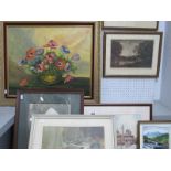 Russell Flint Print, Gypsies by a well; Still life, poppies in a a bowl, oil on canvas, four prints.