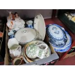 Staffordshire Flatback Figure Group, Mason's and Crescent jugs, etc:- One Box and blue and white