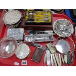 Penknives, cased and loose cutlery, Stratton compact, plates wares, etc:- One Tray