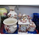 A Collection of Mason's Mandalay Red, including vases, clock, tea caddy, jardiniere, Hydra jug etc:-