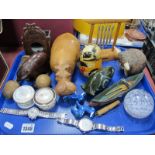 Carved Watch Holder, Hippo and bear, Buckingham Palace trinkets, watches, etc:- One Tray