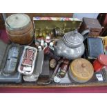 Oak Biscuit Barrel, Rolls Razor, thimbles, leather carriage clock case, Dominoes for the Blind,