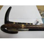Three Walking Sticks, one spiral timber with bent handle,d one large silver band with bent horn