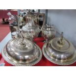 Pair of Oval Plated Tureens, with gadrooned rims, three piece coffee service.