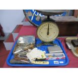 Penknives, nut crackers, sugar nips, shoe horn, Salter "The Household Scales":- One Tray