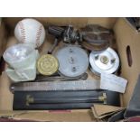 Mahogany and Brass Fishing Reel, two aluminium examples, baseball, ebony rule, etc:- One Box