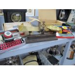 French Weighing Scales, 2 Kilo; two Mettoy tinplate typewriters. (3)