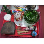 Mary Gregory Green Glass Bowl (repaired) and Jug, oil bottle, Art Nouveau style bag, having