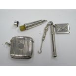 An Engine Turned Silver Vesta Case, cheroot holder in silver phiall, Sterling silver stamp holder as