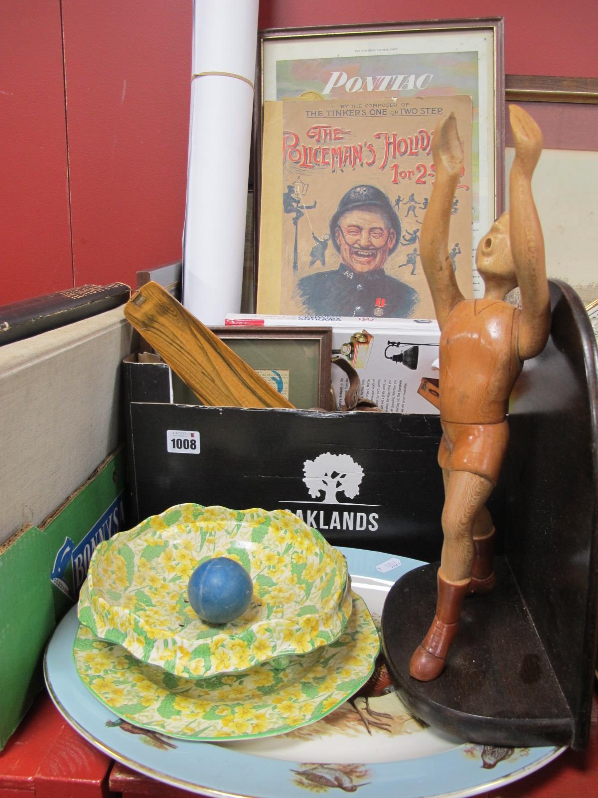 Wooden Figure of Boy Juggler, 37cm high; advertising prints, Ducal salad bowl, etc.