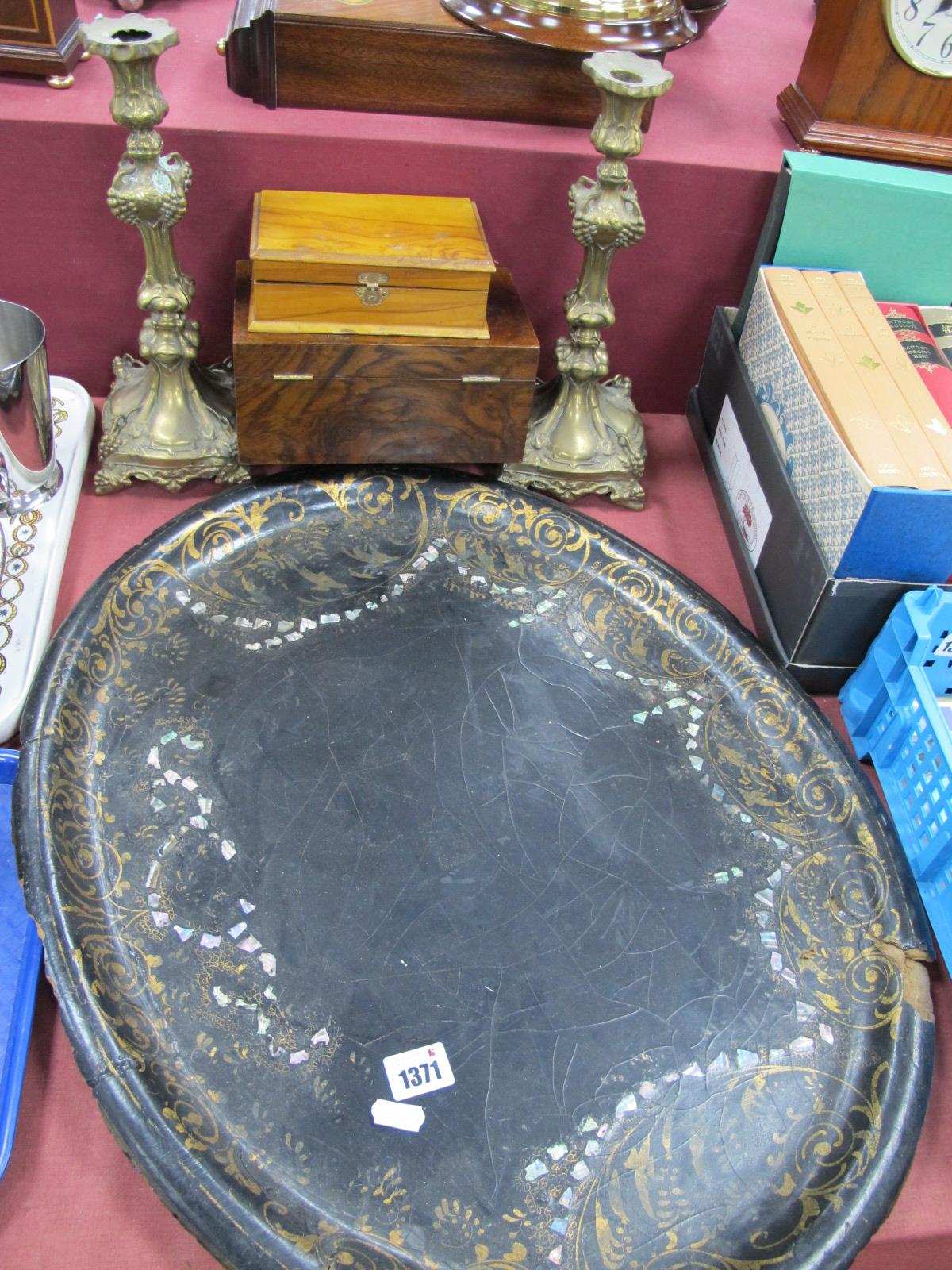 A XIX Century Lacquered Oval Tray, with mother of pearl inlay 60.5cm wide, pair of continental brass