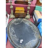 A XIX Century Lacquered Oval Tray, with mother of pearl inlay 60.5cm wide, pair of continental brass