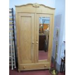 XIX Century and Later Stripped Pine Wardrobe, with shaped pediment, mirror to right door, over