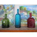 Pols Potten Three Cotemporary Art Glass Bottles in Turquoise, 42 cm high, Ruby and Green. (3)