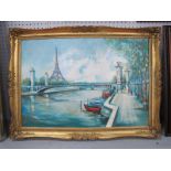 Henri Marion, Eiffel Tower with River Seine in foreground, oil on board, signed lower right, 41.5