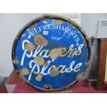 Advertising. Enamelled Circular Wall Sign 'Refreshments and Players Please' white lettering on