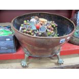 Oldbury Hand Beaten Brass Two Handled Pedestal Dish, pair brass candlesticks, oval copper log bucket