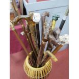 Sixteen Walking Sticks, all in a cane stick stand, with different handles, dogs, bear, horse,