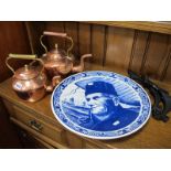 XIX Century Copper Kettle, another later, Delft blue and white pottery charger, 39.5cm diameter.