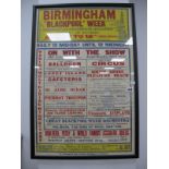 An Original Circa 1930's Framed Poster Advertising "Birmingham Blackpool Week", featuring numerous