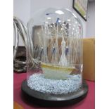 A Victorian Diorama, of a glass ship by lighthouse, under glass done, 33cm high overall.
