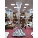 JD Epergne, having four glass flutes on silver plated triform base, 43.5cm high.