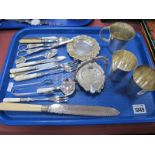 Grape Scissors, mother of pearl handled and other cutlery, white metal ashtray set, beakers:- One