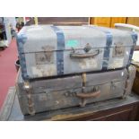 Two Hessian Covered Travel Trunks.
