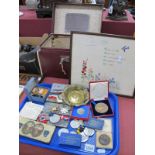Commemorative Medallions, many early XX Century, Duroblack linen marking kit etc:- One Tray, treen