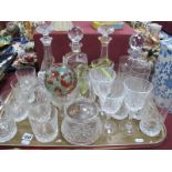 Three Cut Glass Decanters, with pottery labels, a further decanter, various glasses, glass
