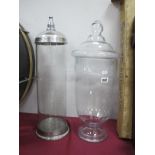 Glass Pedestal Sweet Jar with Lid, 57cm high; another with white metal base and lid. (2)