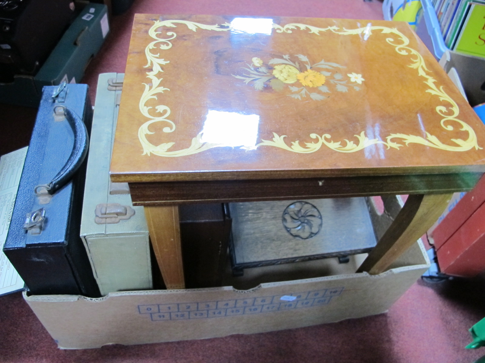 Italian and Spanish Linguaphone Courses, three jewellery boxes, one as a refectory table etc:- One