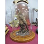 A Pottery Model of Bird of Prey, on wooden circular base, under glass dome, 37 cm high overall.