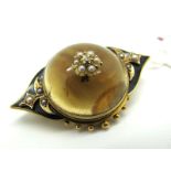 A Victorian Diamond and Pearl Set Brooch, the large central cabochon with applied flowerhead
