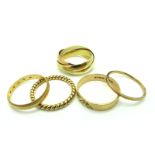 A Modern 9ct Gold Tri-Colour Linked Band Ring, a 9ct gold wedding band, with inset highlights,