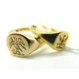 An 18ct Gold Signet Style Ring, crested (finger size G); Another Signet Style Ring, crested (