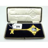 A Highly Decorative Presentation Key, T & JB, stamped "9ct", highlighted in enamel with motto "