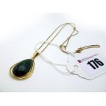 A Hardstone Set Pendant, of Modernist style, stamped "14k", on a 9ct gold fine box link chain.