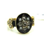 A Diamond and Pearl Set Morning Ring, the oval black enamel panel inset with rose cut diamonds,