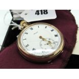 Rolex; A Gold Plated Cased Openface Pocketwatch, the signed white dial with black Roman numerals and