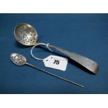 A Scottish Hallmarked Silver Fiddle Pattern Sifter Spoon, RG, Edinburgh 1827, initialled; Together