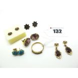 A Pair of 9ct Gold Garnet Set Drop Earrings, claw set; A Pair of Cluster Earstuds, a smaller pair of