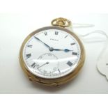 Prima; A 9ct Gold Cased Openface Pocketwatch, the signed dial with black Roman numerals and