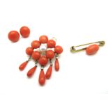 A Coral and Pearl Pendant / Brooch, suspending five drops below; A Pair of Coral Earrings; and a bar