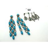 A Pair of Vintage Colourless Paste Drop Earrings, on hook fittings; A Pair of Imitation Turquoise