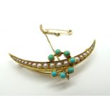 An Edwardian Turquoise and Pearl Set Crescent Brooch, the turquoise collet set on knife edge