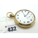 A 9ct Gold Cased Openface Pocketwatch, the white dial with bold black Roman numerals and seconds