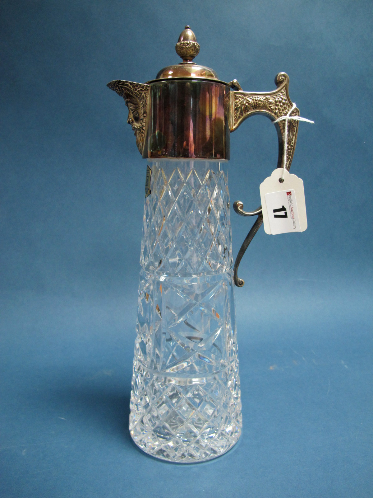 A Hallmarked Silver Mounted Lead Crystal Claret Jug, G&G Co Ltd, Sheffield 1993, with mask spout and