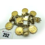 A 9ct Gold Curb Link Bracelet, to 9ct gold heart shape padlock clasp, suspending six novelty charm