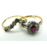 An 18ct Gold Ruby and Diamond Cluster Ring, claw set to the centre within illusion set border,